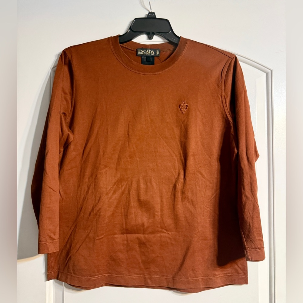 Escada Margaretha Ley Top Womens 42‎ Rust Brown Cotton Long Sleeve Heart Italy
